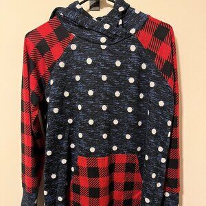 PRE-OWNED LuLaRoe Amber Hoodie Medium M Red Black Buffalo Plaid, Blue/White Dots